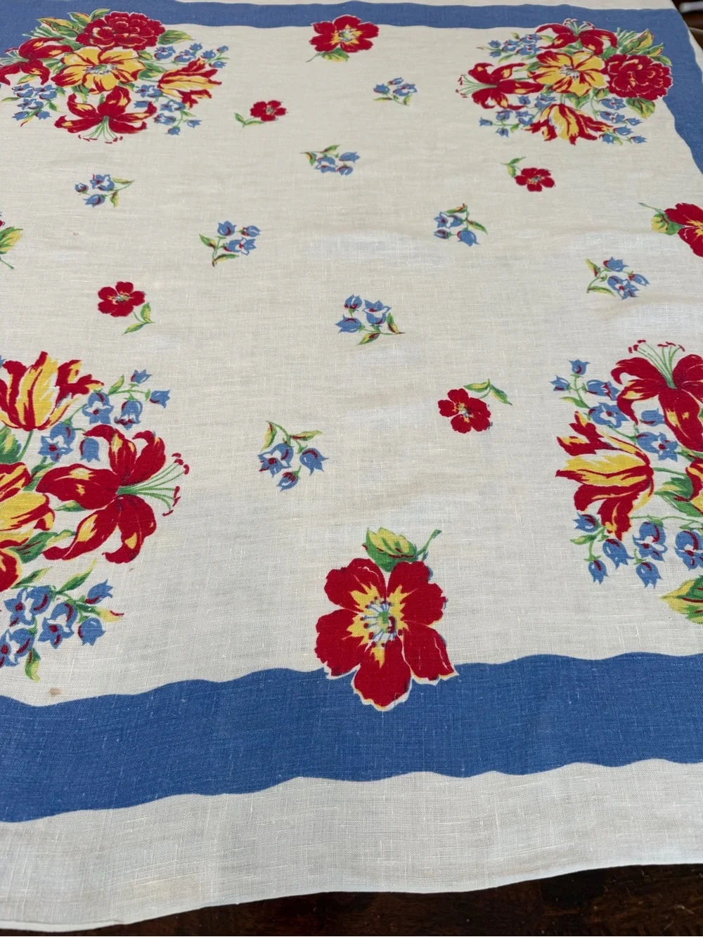 Vintage square mid century floral blue border tablecloth 48”x47” Rockabilly